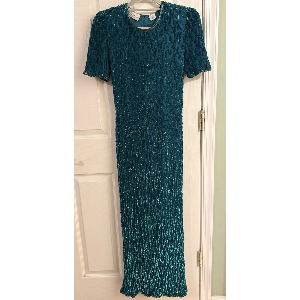 Vintage Laurence Kazar NY Green Beaded Sequin Formal Gown S Mermaid Core Prom